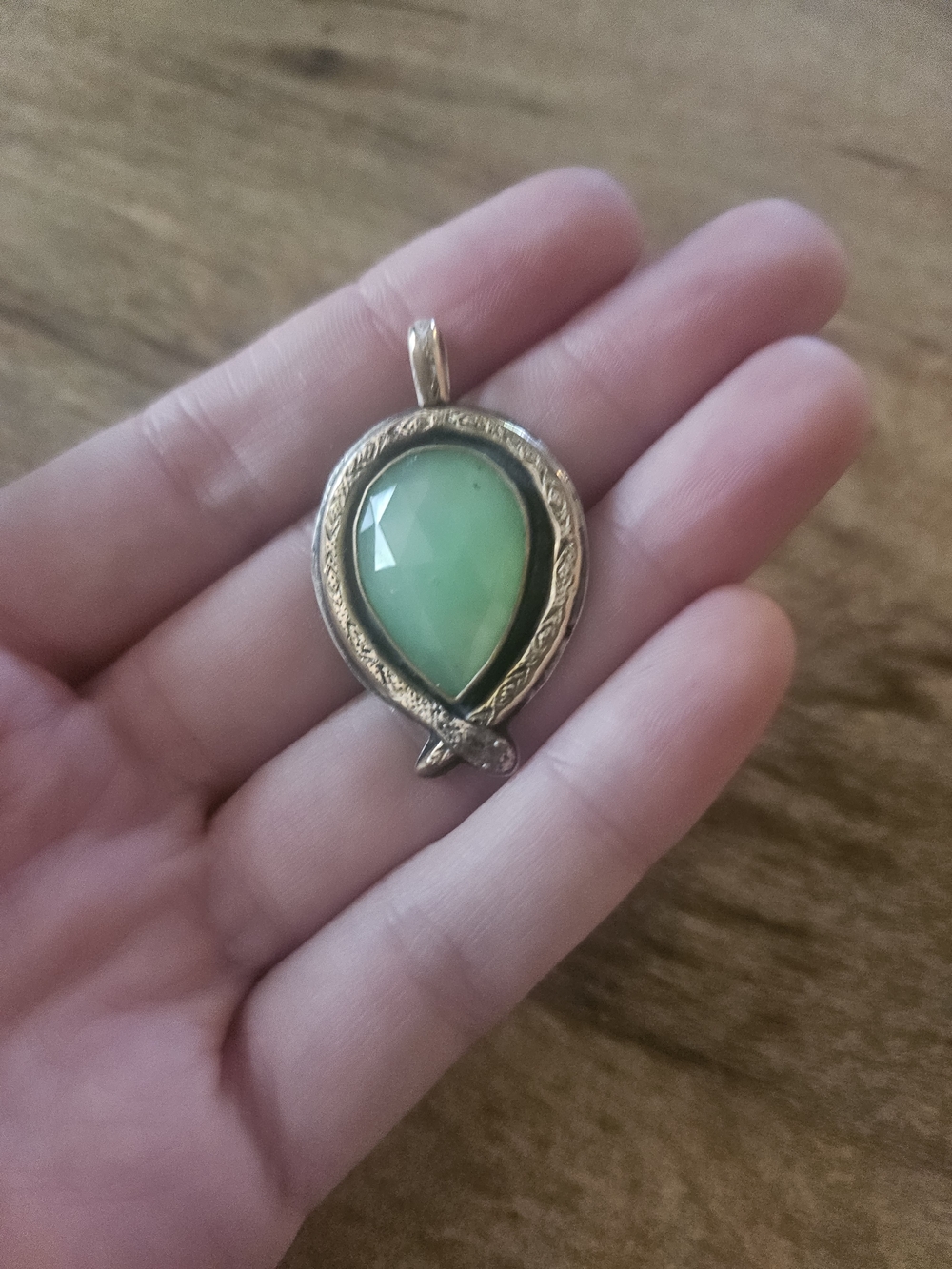 Green Stone Teardrop Pendant With Snake Design - One Of A Kind